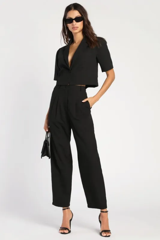 Posh Company Black Pleated High-Waisted Trouser Pants sold by Lulus