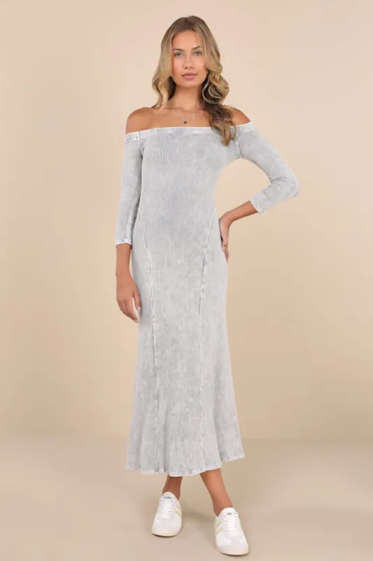 Remarkably Cool Washed Grey Ribbed Off-the-Shoulder Midi Dress sold by Lulus