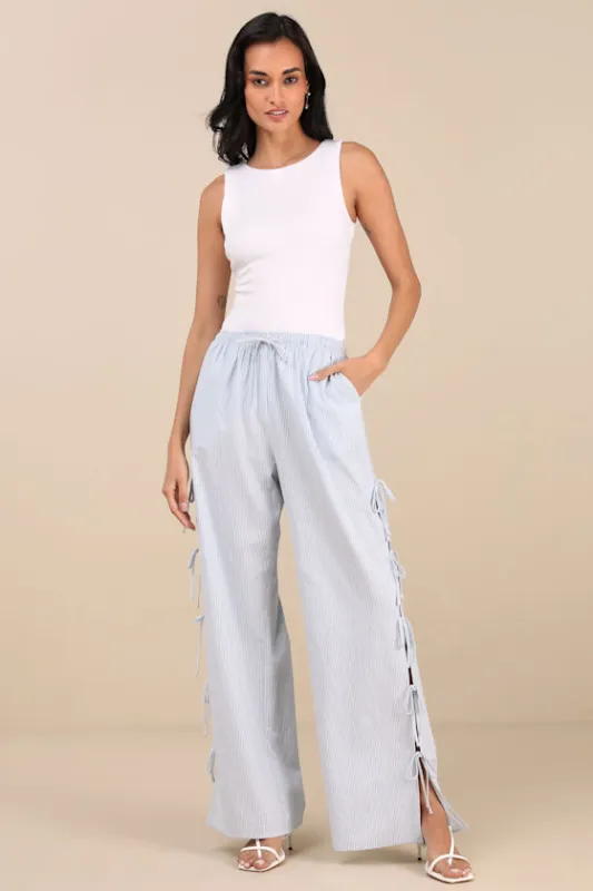 Palila Blue and White Striped Side-Tie Pants sold by Lulus