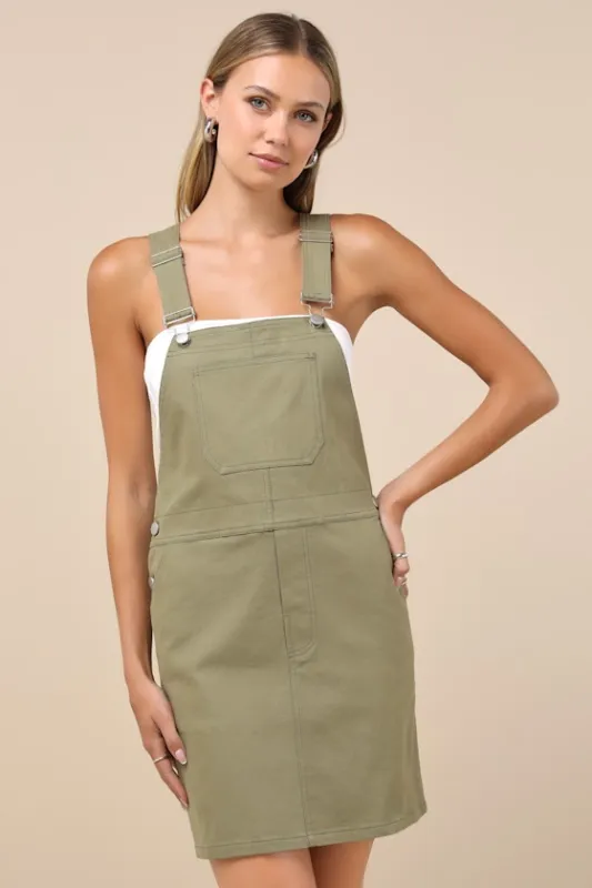 Cutest Spirit Olive Green Twill Overall Mini Dress With Pockets sold by Lulus