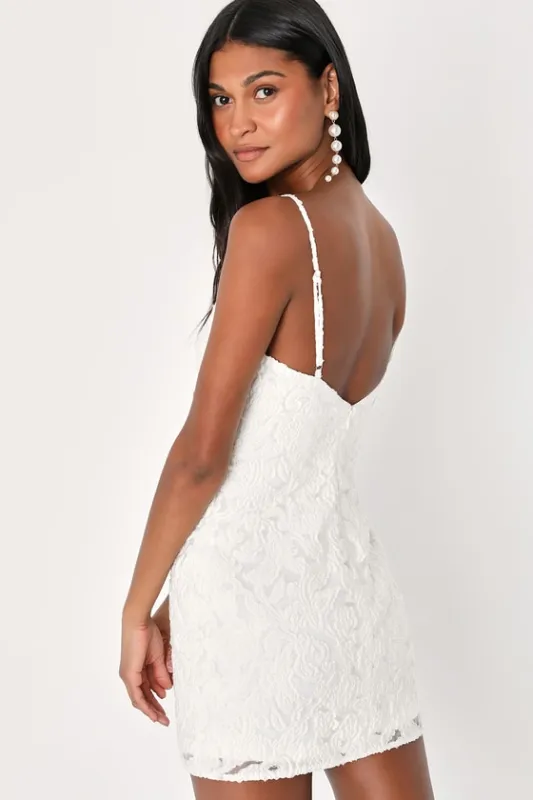Moonlight Moments White Floral Jacquard Backless Mini Dress sold by Lulus