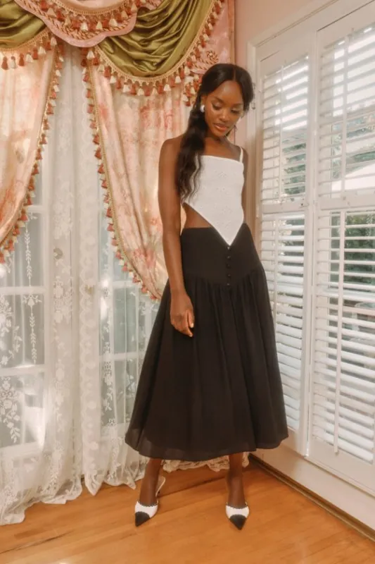 Ethereal Charm Black Drop Waist High-Rise Midi Skirt sold by Lulus