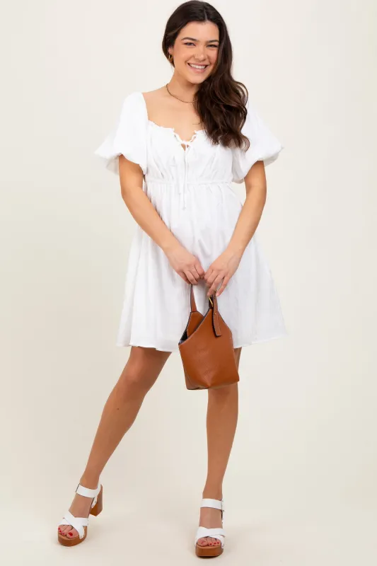 White Textured Bubble Sleeve Maternity Mini Dress sold by Pinkblush