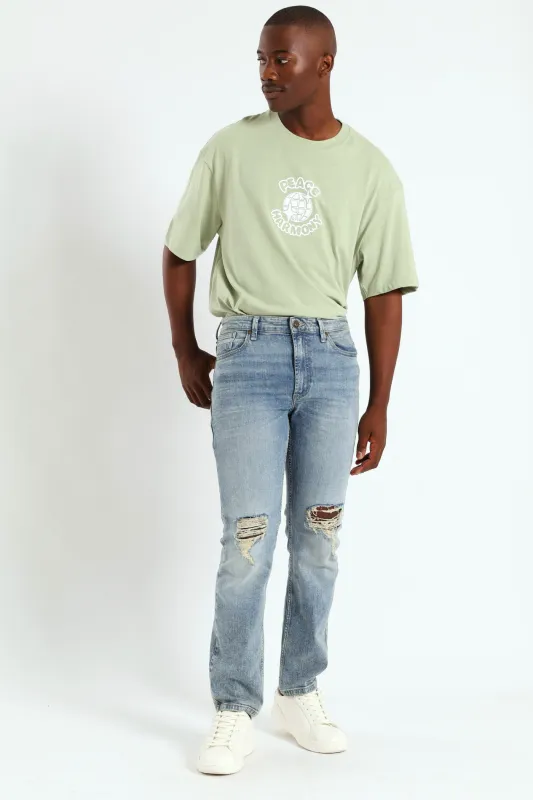 Mid Wash Knee Rip & Repair Denim - Med Wash sold by Edgars