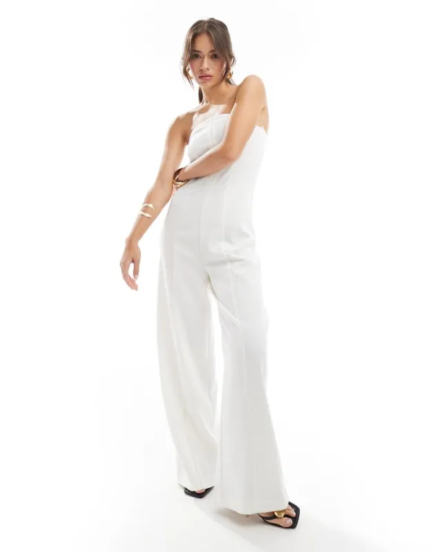 Pimkie tailored bandeau eyelet detail wide leg jumpsuit in white sold by ASOS