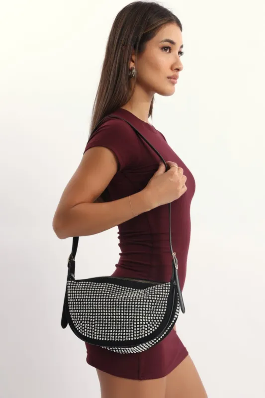 Black Rhinestones Crescent Bag sold by Ally Fashion