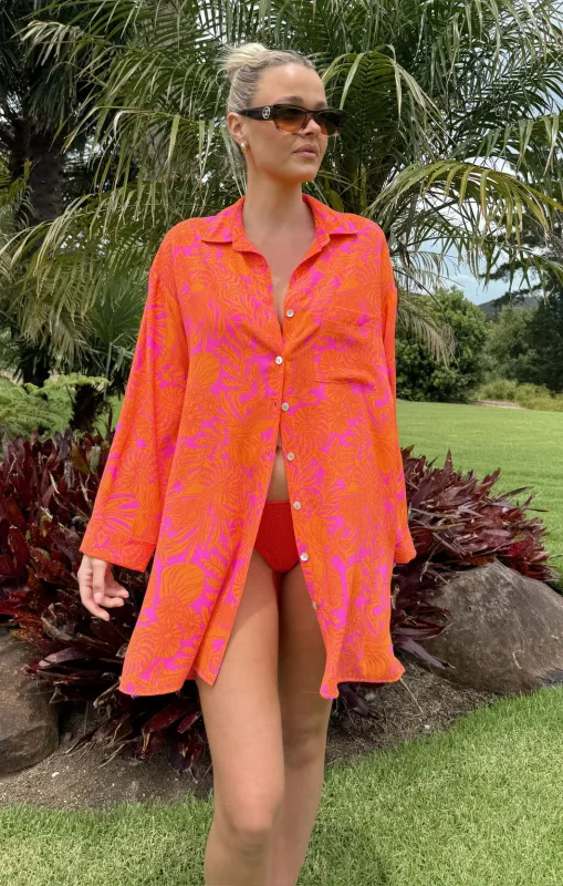 Beachclub Button Down ~ Fuchsia Shells Pebble sold by Show Me Your MuMu
