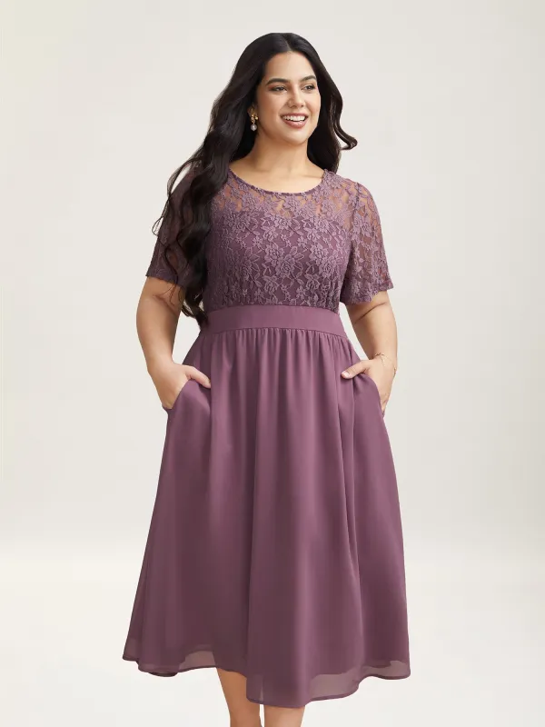 Chiffon Lace Waist-Defining Midi Dress sold by Bloomchic