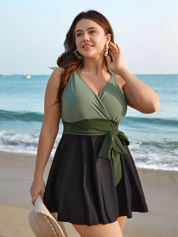 Color-Block Panelled Waist-Tie Swim Dress sold by Bloomchic