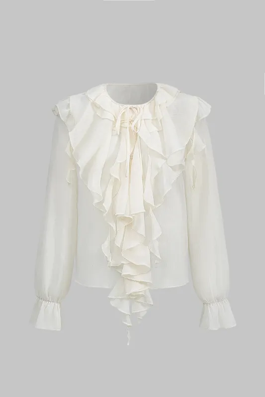 Chiffon-knap Ruffle Tie Front Longærme skjorte sold by Micas