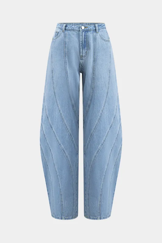 Denim patchwork knap lomme bred ben tønde bukser sold by Micas