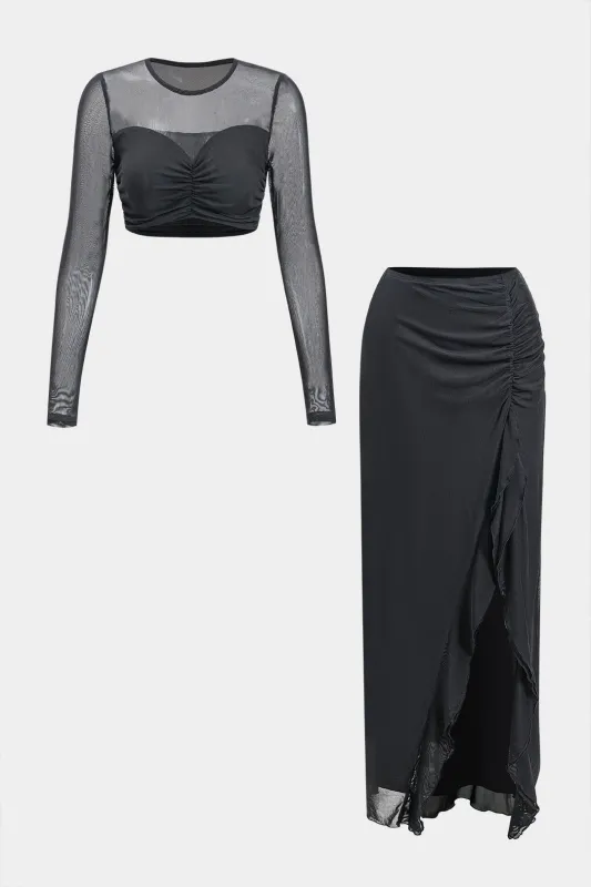 Mesh Ruched Longærmet top og Ruffle Slit nederdel sæt sold by Micas
