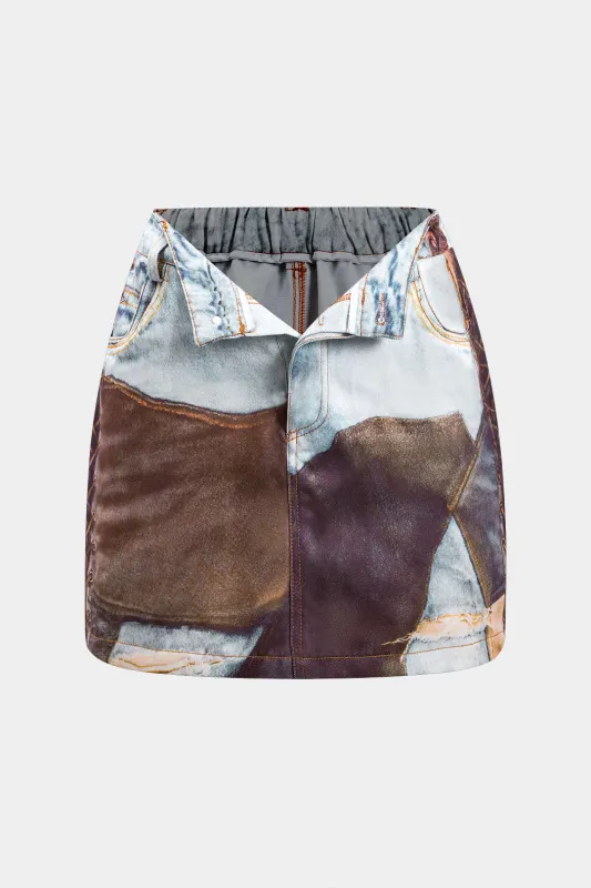 Abstrakt print ruched knaplomme nederdel sold by Micas