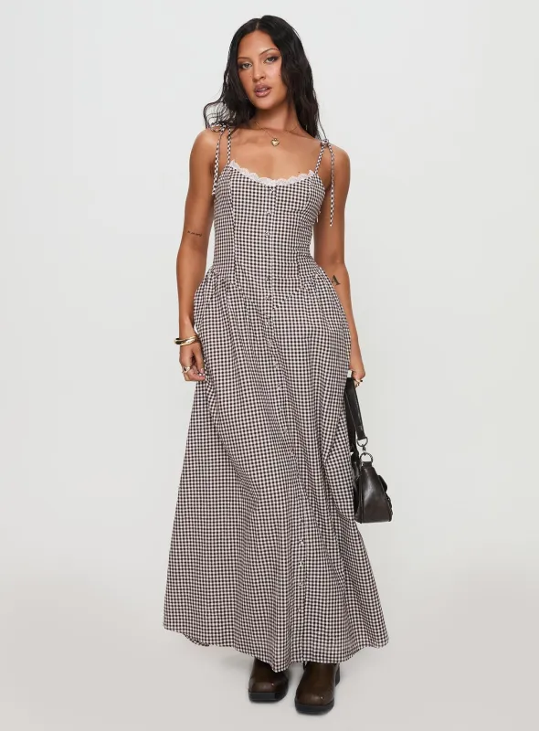 Dalanie Tie Strap Maxi Dress Brown Gingham sold by Princess Polly