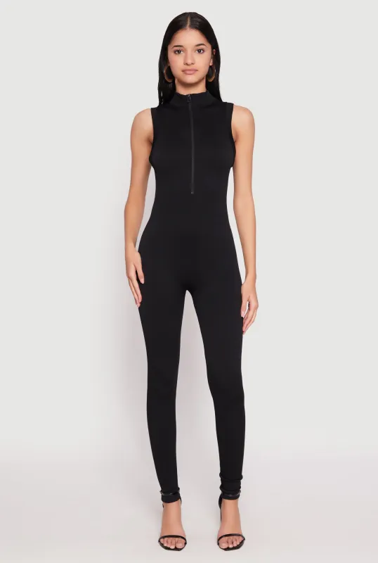 Ribbed Knit Sleeveless Half Zip Catsuit sold by Rainbow