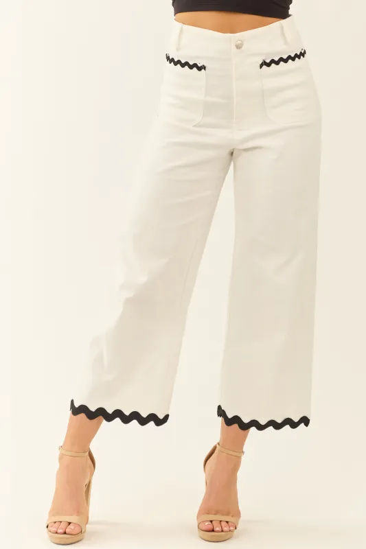 Ivory Denim Ric Rac Trim Cropped Straight Leg Jeans sold by Lime Lush