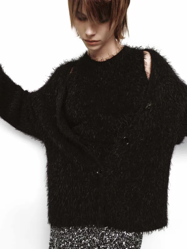 V-neck Fuzzy Knit Cardigan sold by Mo&Co