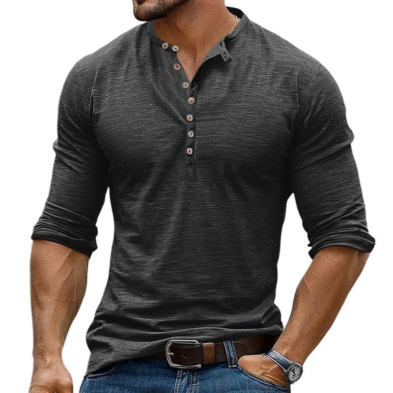 Men's Solid Color Henley Collar Long Sleeve T-shirt 73181989Z sold by Manly