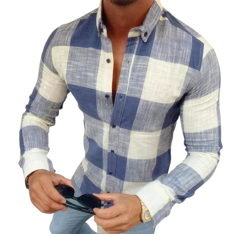 Men's Casual Cotton Plaid Lapel Slim Fit Long Sleeve Shirt 90486726M sold by Manly