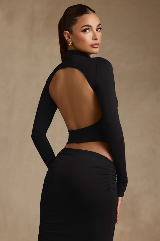 Modal Ruched Backless Turtleneck Top in Black sold by Oh Polly