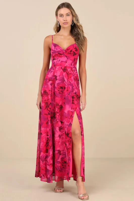 Beautiful Soul Fuchsia Floral Print Twist-Front Maxi Dress sold by Lulus