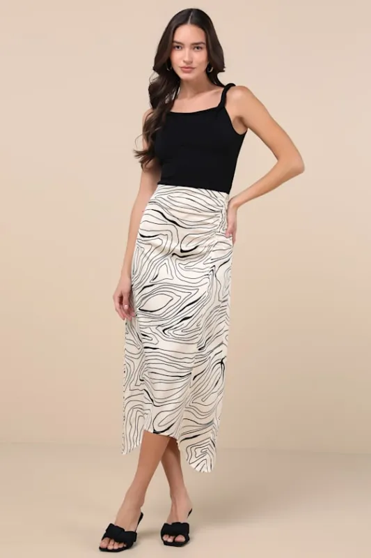 Classy Influence Cream Abstract Asymmetrical Midi Skirt sold by Lulus