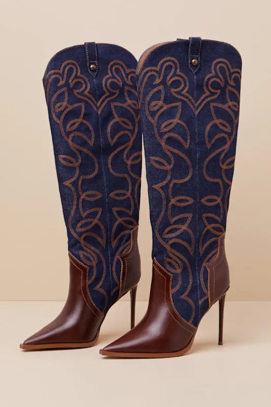 Tyrant Denim Multi Leather Knee-High High Heel Western Boots sold by Lulus