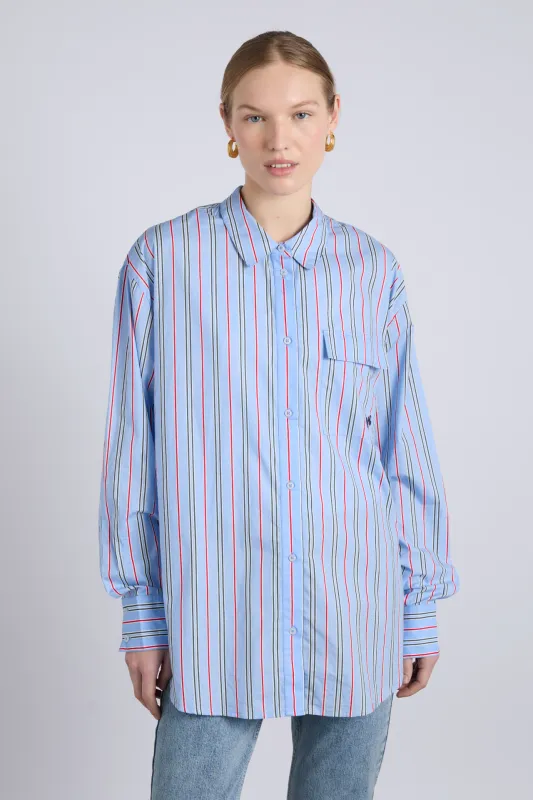 kendall shirt- bold blue stripe sold by Damson Madder