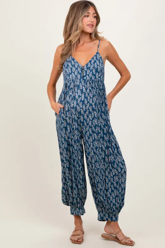 Navy Leaf Print Sleeveless Barrel Leg Maternity Jumpsuit sold by Pinkblush