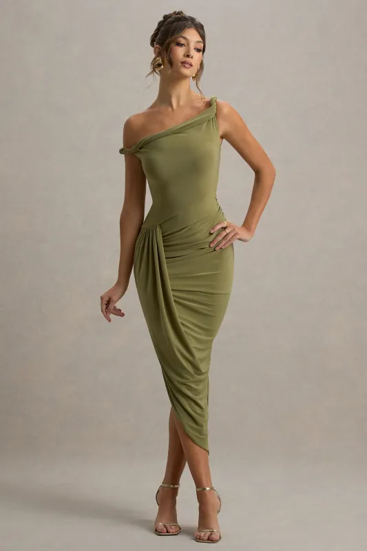 Angelique | Olive Green Twisted Asymmetric Maxi Dress sold by Club L London
