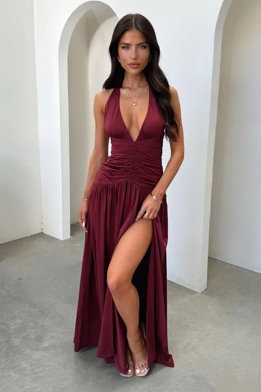 Ginevra Ruched Halter Maxi Dress - Burgundy sold by Thats So Fetch
