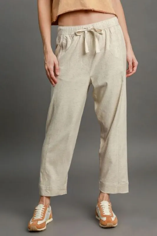 Umgee Full Size Drawstring Elastic Waistband Linen Blend Pants Plus Size sold by Charming Charlie