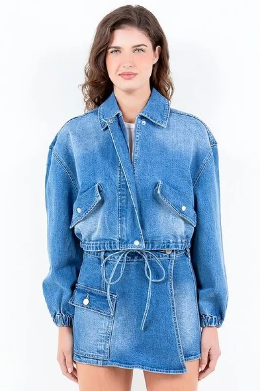 American Bazi Full Size Drop Shoulder Cropped Denim Jacket with Waist Strap Plus Size sold by Charming Charlie