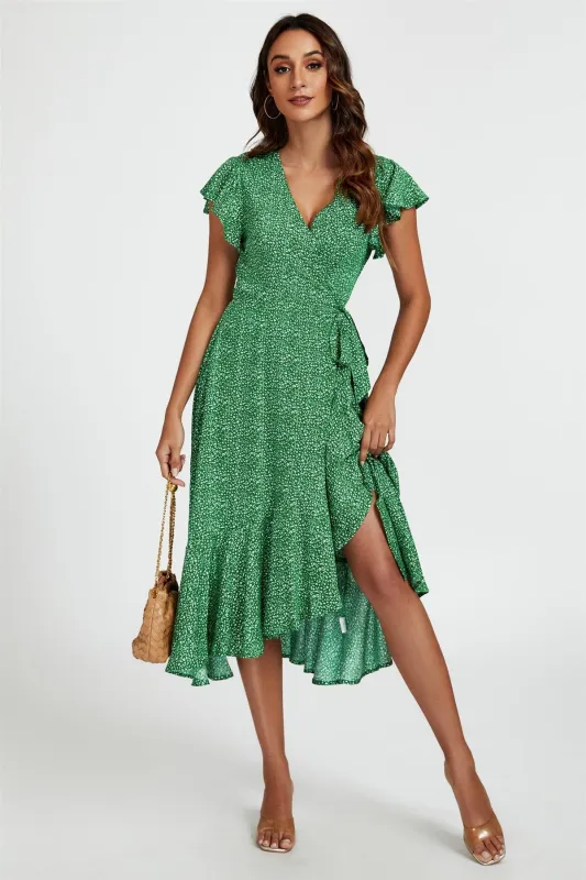 Little Floral Frill Sleeve Midi Wrap Dress In Green by FS Collection sold by Goddiva