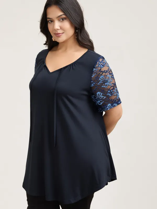 Dual-Tone Lace Neck Tie Relaxed T-Shirt sold by Bloomchic