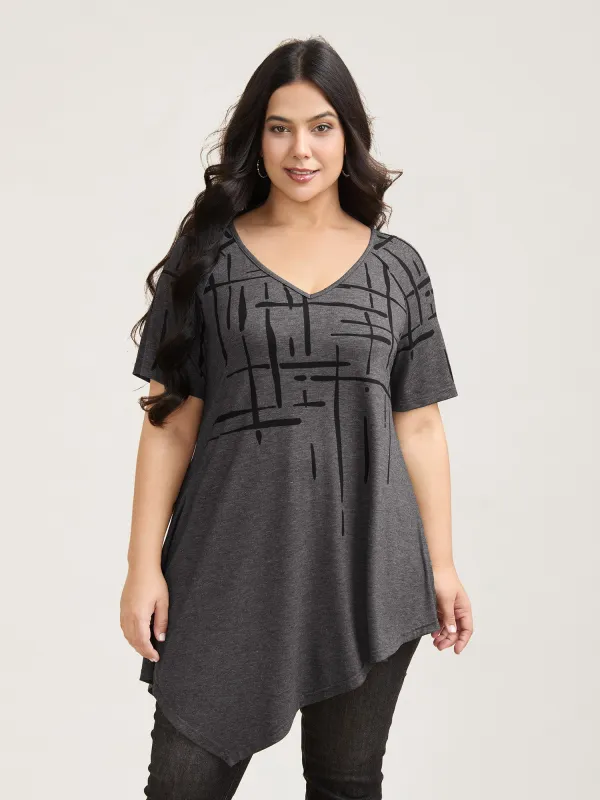 Geometric Print V-Neck Hi-Low Hem T-Shirt sold by Bloomchic