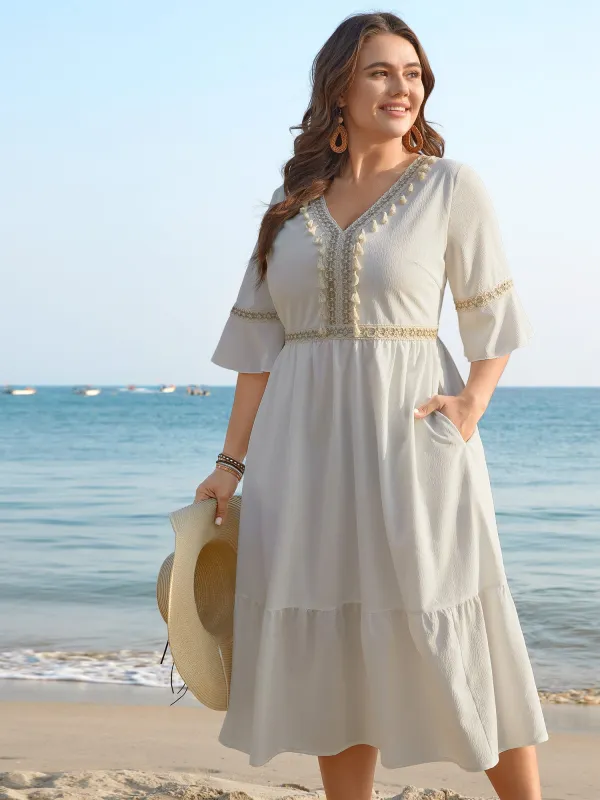 Tassel Textured Stretchy Waist Pockets Midi Dress sold by Bloomchic