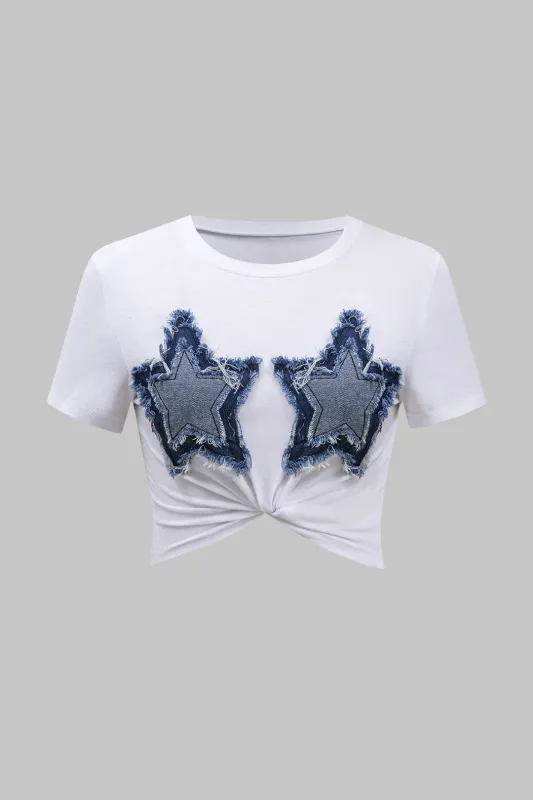 Star flossed patchwork twsit knude kortærmet t-shirt sold by Micas
