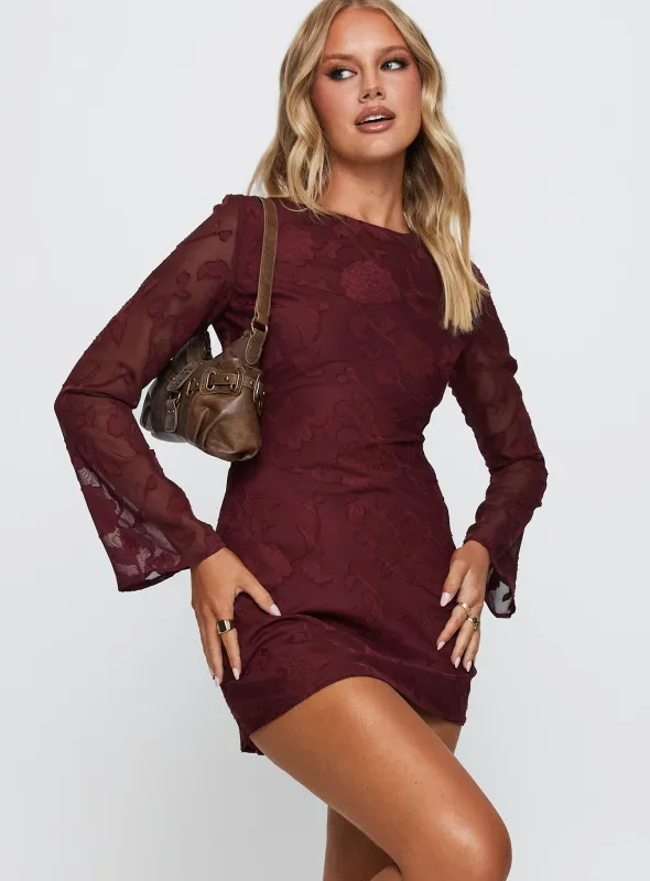 Jadee Long Sleeve Mini Dress Burgundy Floral sold by Princess Polly