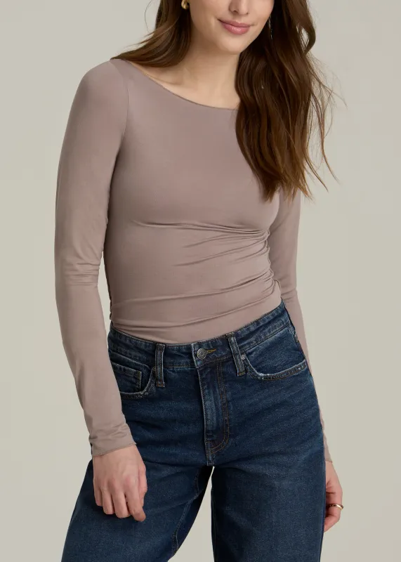 Boatneck Long Sleeve Exposed Seam Top for Tall Women in Dark Sand sold by American Tall
