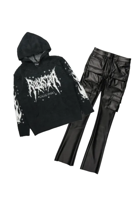 Raymond Black Mohair Hoodie & Khaza Stacked Flare PU Jean Bundle sold by Rockstar Original