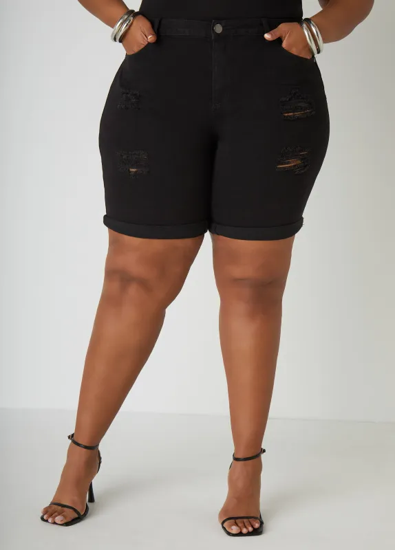Cuffed Distressed Denim Shorts sold by Ashley Stewart