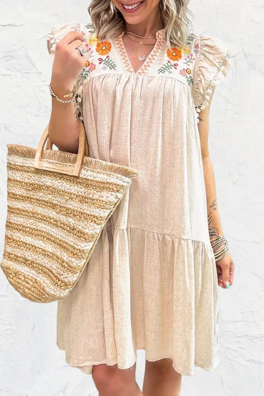 Jet Stream Linen Embroidery Split Neck Pom Pom Ruffle Sleeves Flowy Short Dress sold by Beagle Boutique
