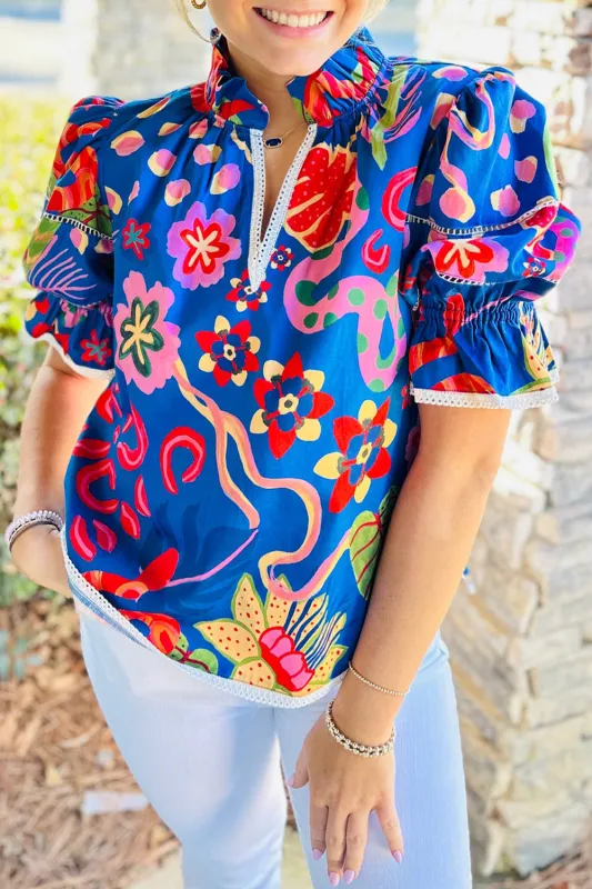 Blue Abstract Print Frilled Collar Ruffled Puff Short Sleeve Top sold by Beagle Boutique