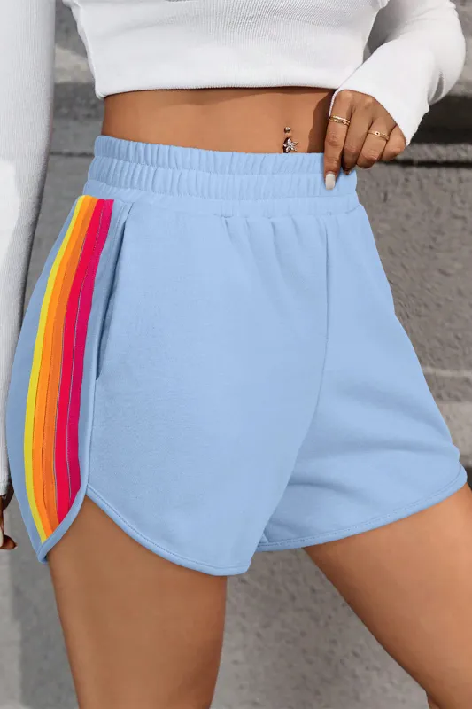 Beau Blue Color Block Stripes Elastic High Waist Active Shorts sold by Beagle Boutique