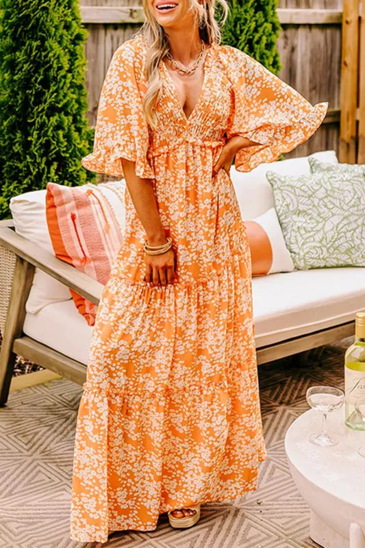 Orange Floral Print Smocked V Neck Wide Sleeve Maxi Dress sold by Beagle Boutique