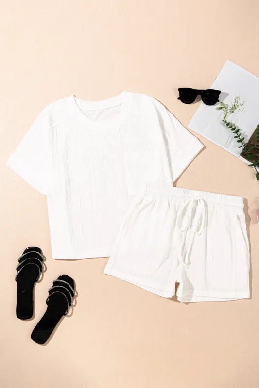 Jet Stream Textured Patched Pocket Short Sleeve Top Drawstring Shorts Set sold by Beagle Boutique