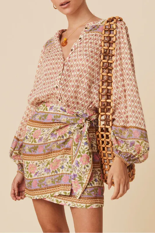 Multicolour Boho Floral Mixed Print Puff Sleeve Shirt sold by Beagle Boutique