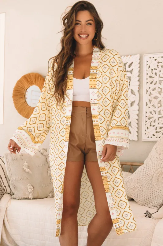 Yellow Bohemian Geometric Printed Loose Sleeve Long Kimono sold by Beagle Boutique