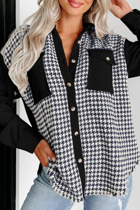 Black Houndstooth Corduroy Patchwork Flap Pocket Shacket sold by Beagle Boutique